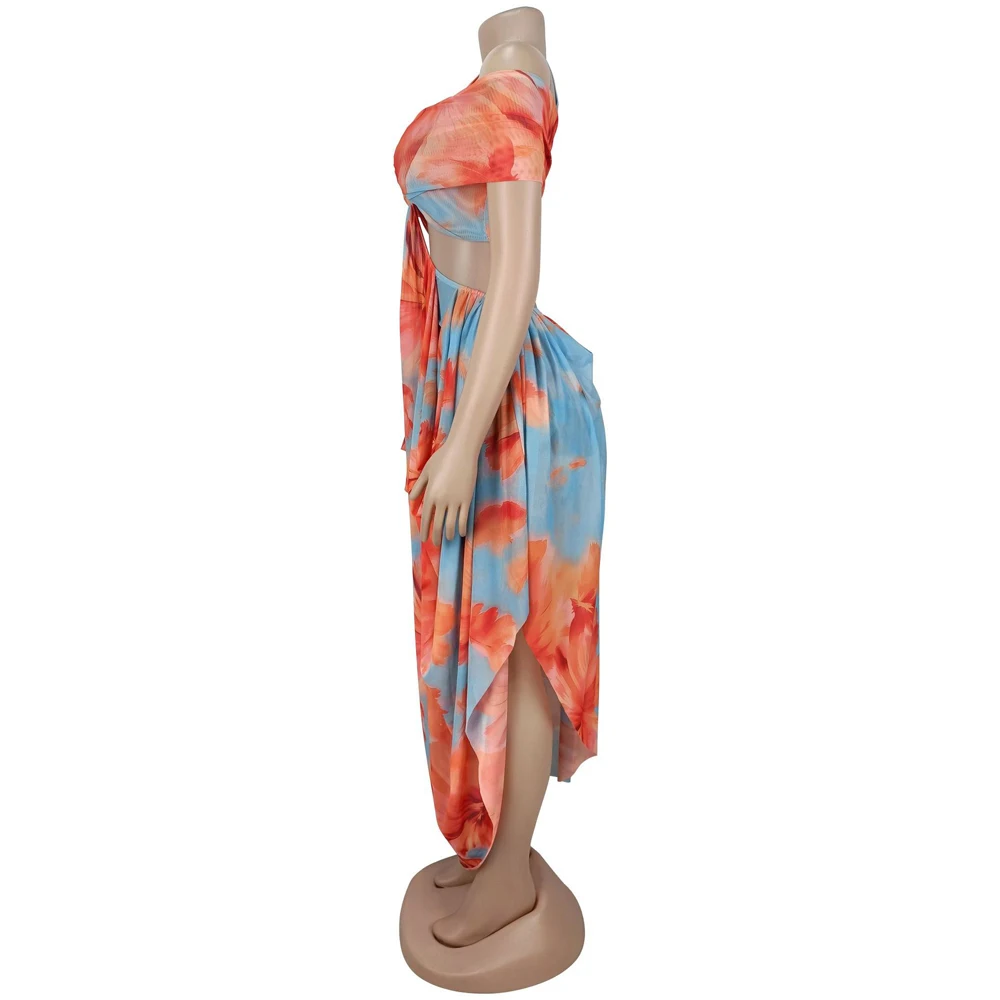 Abito lungo elegante e unico con stampa all-over, cut-out e spalle scoperte, stile streetwear sexy, collezione moda estate 2026 - immagine 6