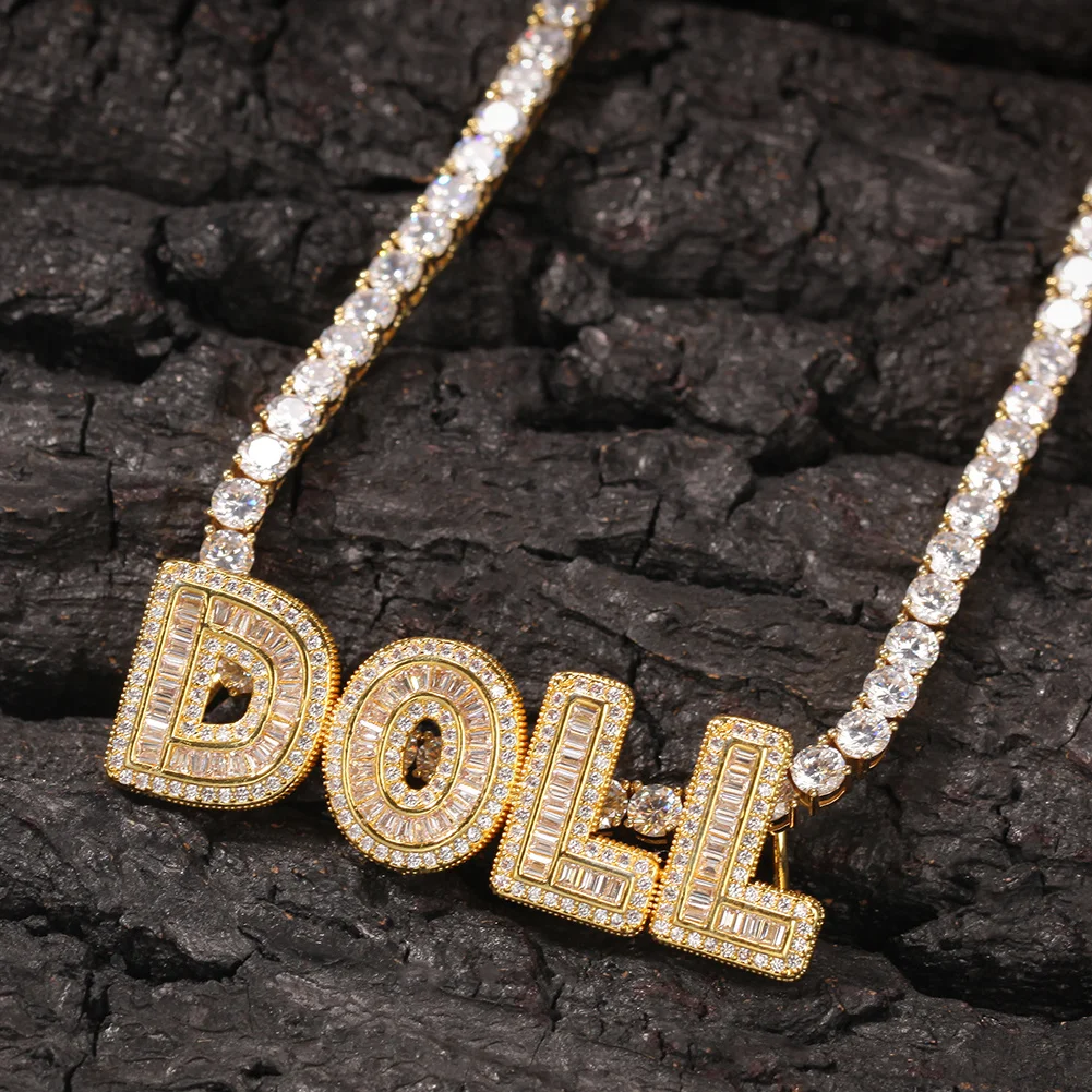 Uwin Name Necklace Baguette Letters With Tennis Chain Full Iced Out Zircon Pendant Gift HipHop Jewelry