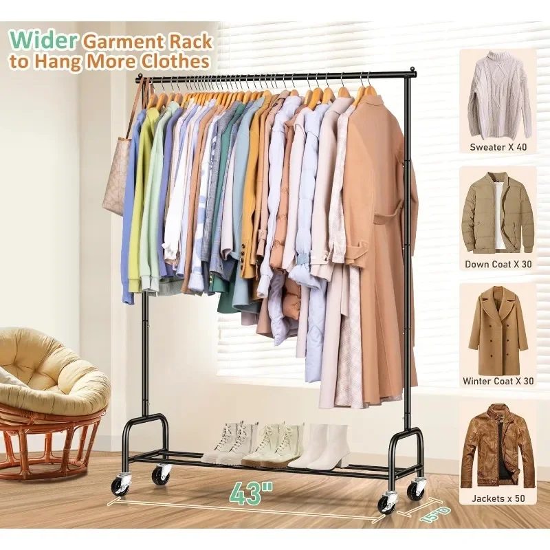 Heavy Duty Clothing Racks for Hanging Clothes Rack, 43" Wide Rolling Garment Rack Metal Clothing Hanger 2