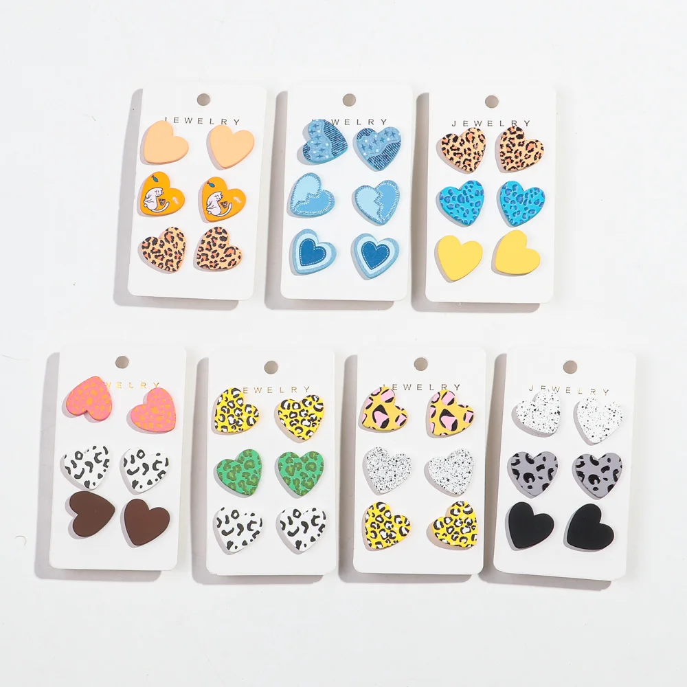 Acrylic Love Heart Round Earrings for Women Girls Simple Leopard Dots Earrings Trend Jewelry 3Pairs/set