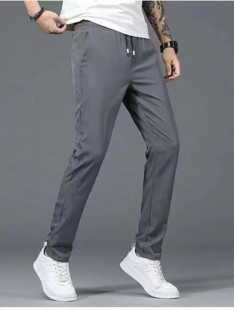 Football Korean Version Of Ice Silk Thin Breathable Casual Pants Men's Summer Trend Versatile Elastic Waist Slim Fit Casual Pant