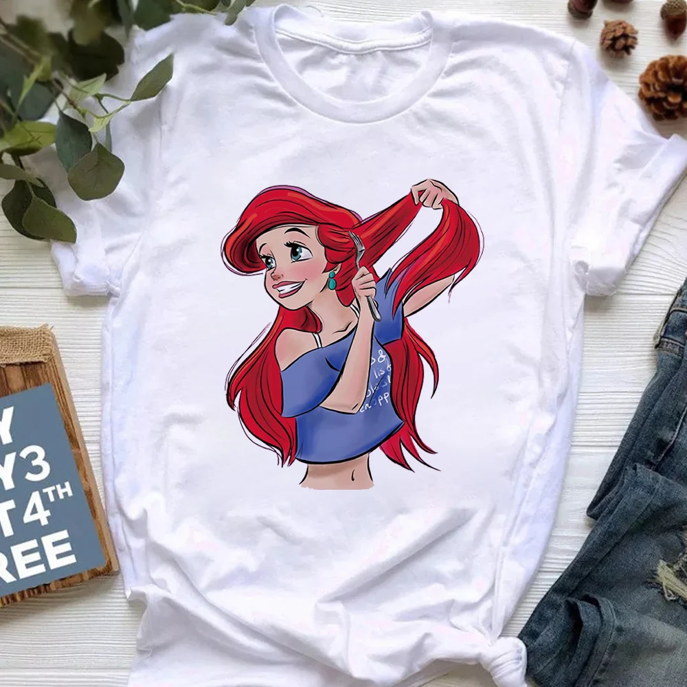 

Disney White Women T Shirt Harajuku Style Ariel Princess Graphic Print Female Short Sleeve Exquisite Summer New Product Lady Tee