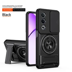 Slide Lens Armor Case with Shockproof Magnetic Car Ring Holder & Camera Protective Cover for VIVO V70 FE (Black)