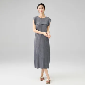 Miyake Pleated Splicing Dress 2025 Spring and Summer New Temperament Round Neck Sleeveless Comfortable Casual Peplum Long Skirt 1
