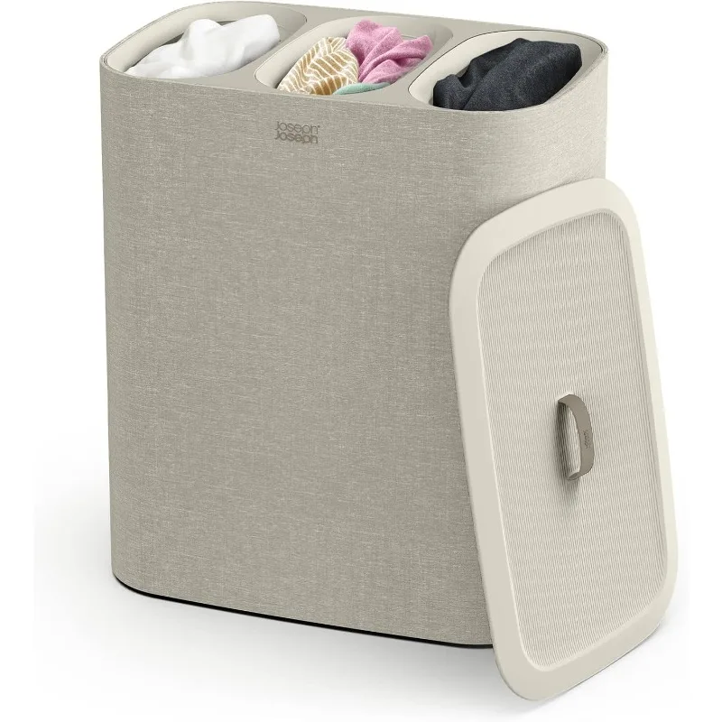 Tota - Trio 90-liter Laundry Hamper Separation Basket with lid, 3 Removable Washing Bags with Handles- Ecru 2