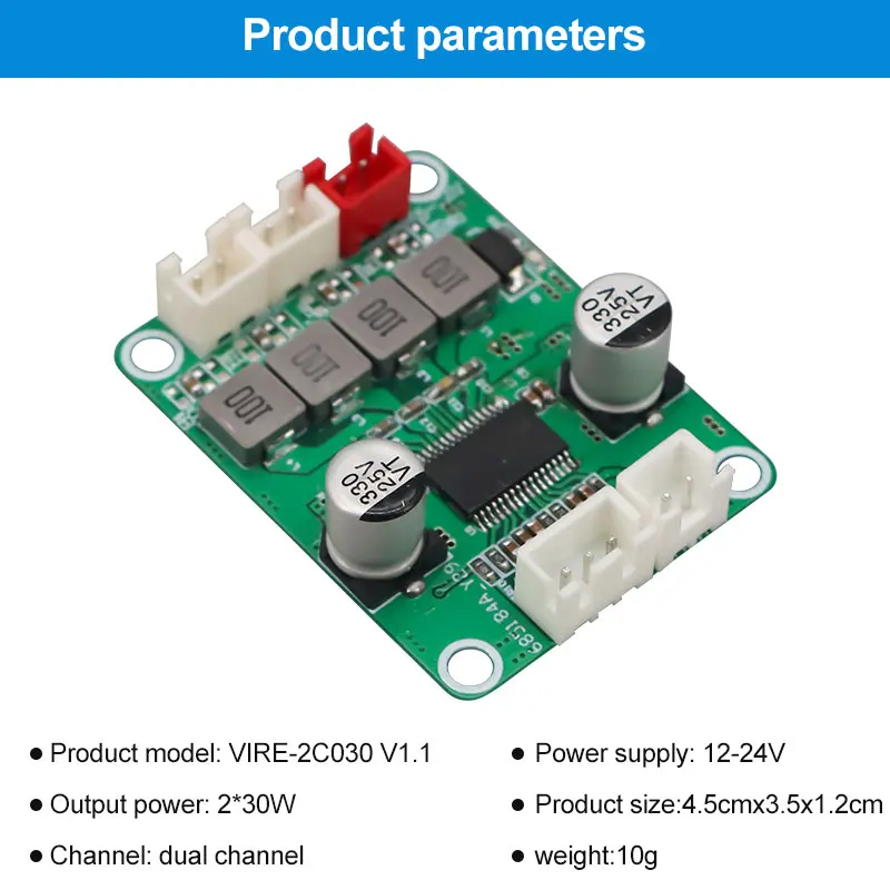 VIRE TPA3118 디지털 스테레오 오디오 증폭기 보드 2C030 AMP 30W+30W 2.0 채널 증폭기 모듈 DC 12-24V