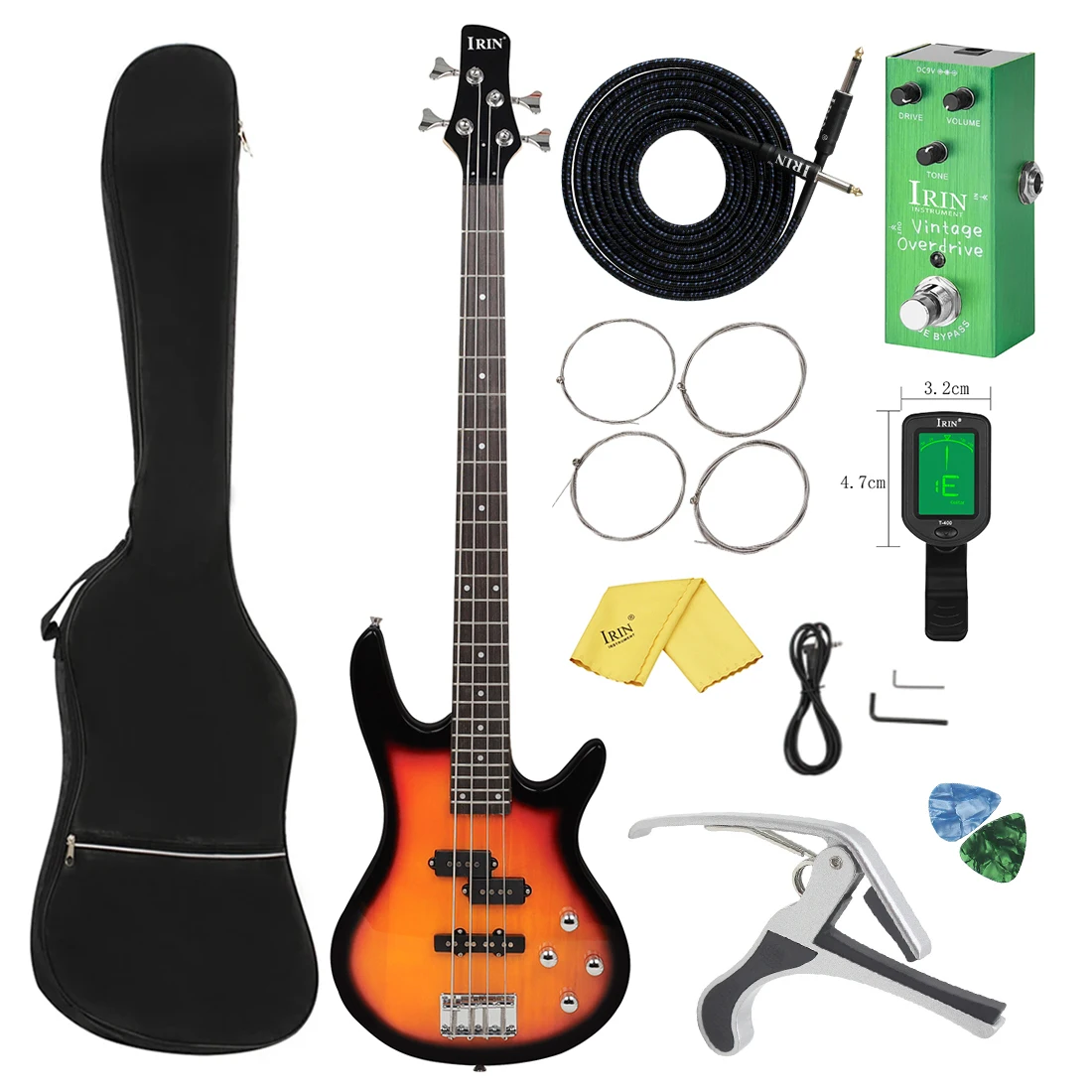 

IRIN Electric Bass Guitar Sunset Black Basswood Body Maple Neck Guitar 4 Strings Guitarra with Bag Tuner Effect Pedal Capo Pick