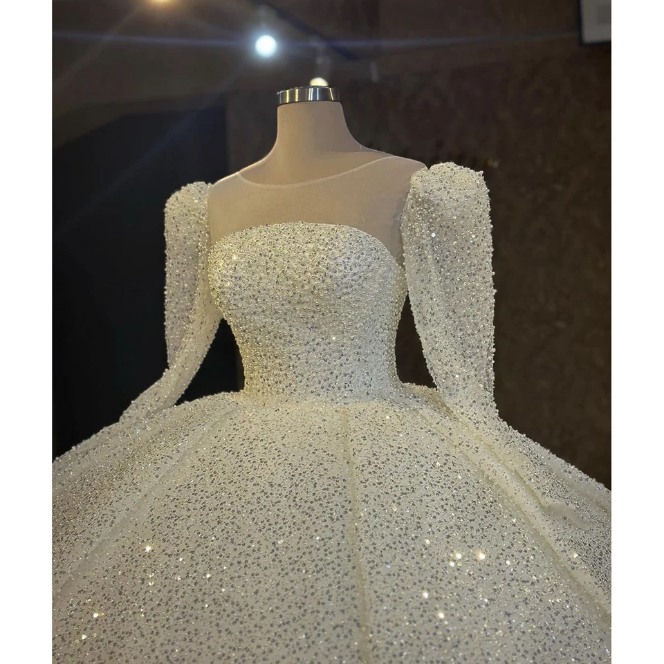 Luxury O-Neck Sequin Beaded Full Sleeves Wedding Dress 2023 Ball Gown Floor Length Sweep Train Lace Up Custom Made Bridal Gown