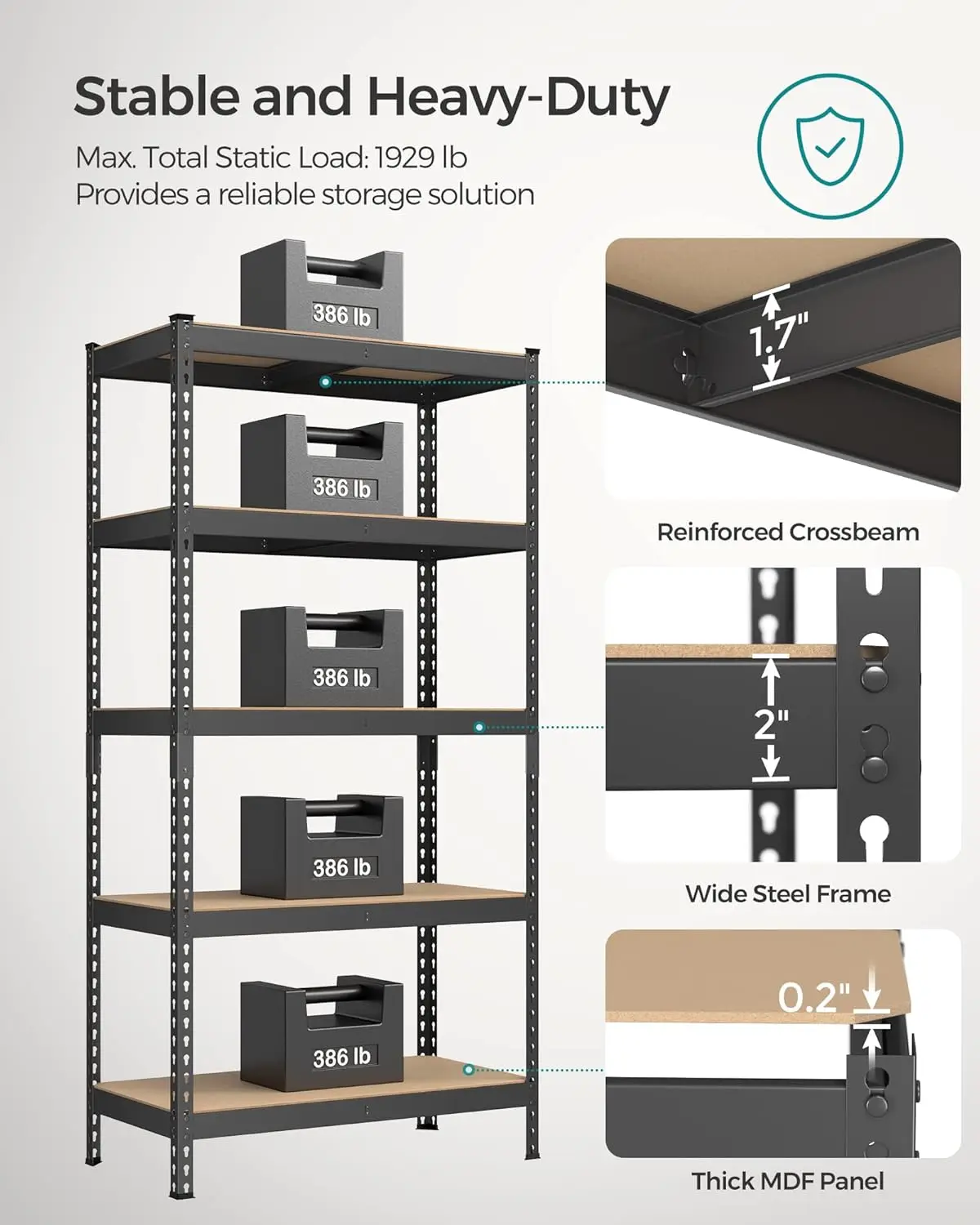 5-Tier Storage Shelves, Set of 2 Garage Storage, Boltless Assembly, Adjustable Shelving Units, 17.7 x 35.4 x 70.9 Inches, Load 4