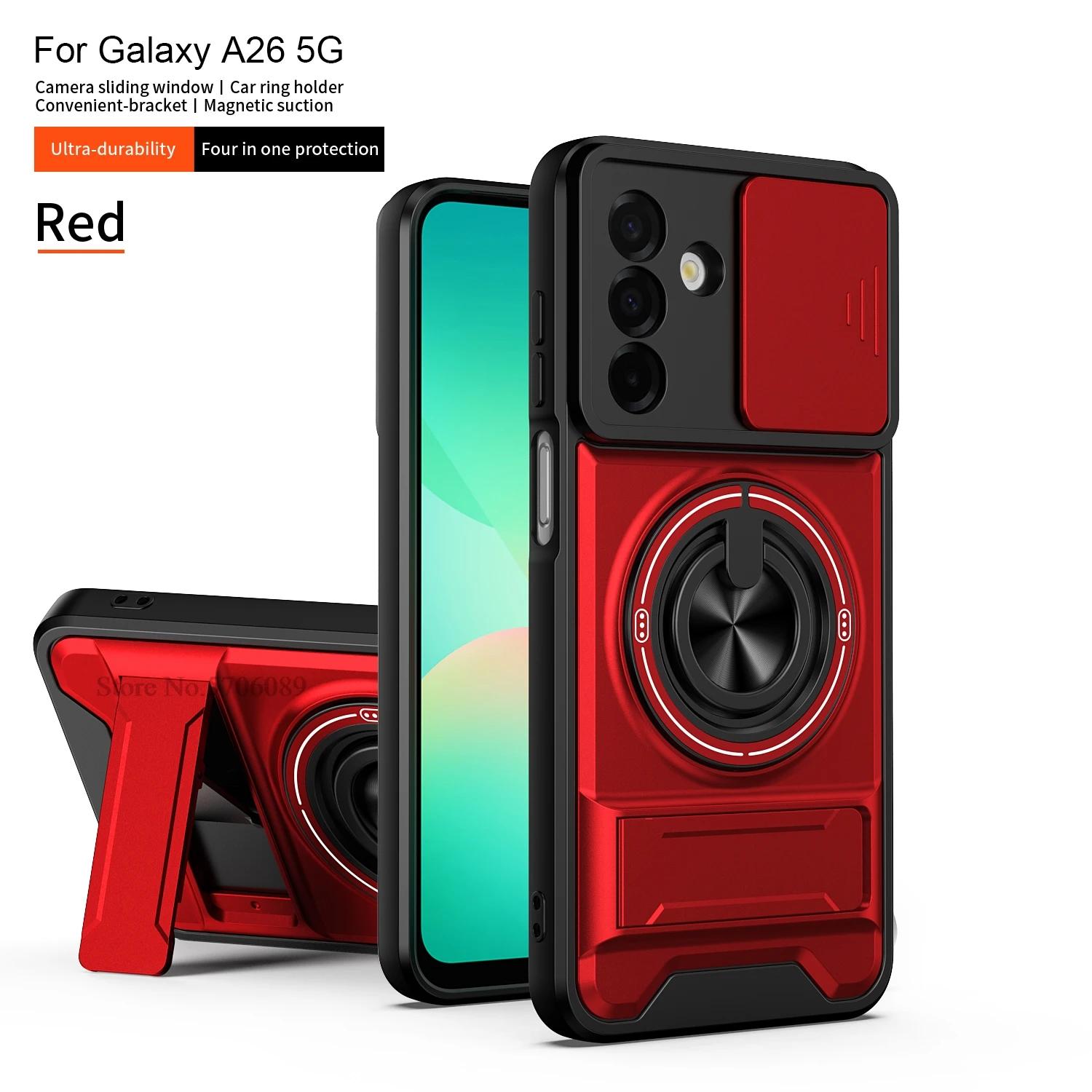 Rugged Shockproof Phone Case with Slide Lens Protector and Ring Holder