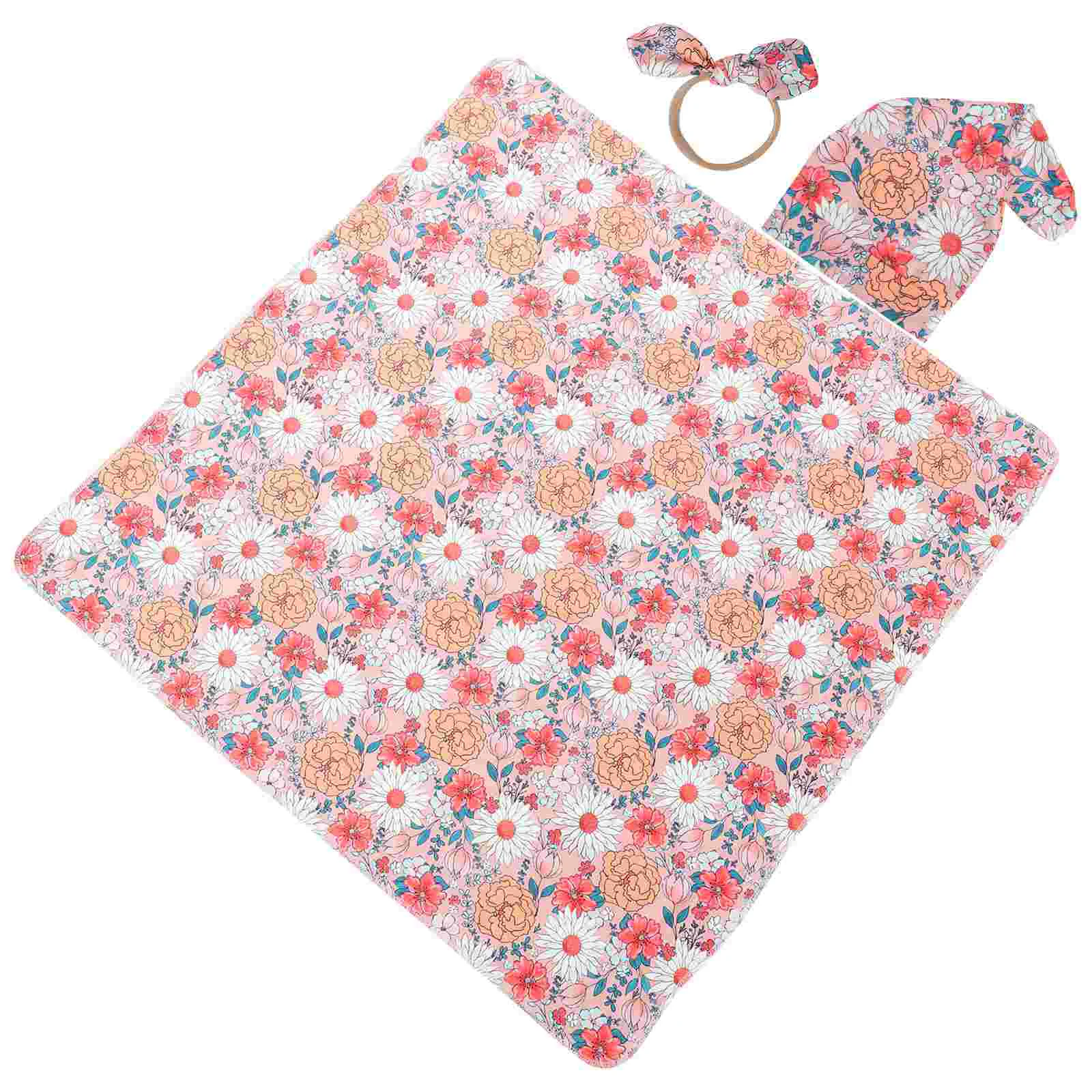 

Powder Foundation Baby Receiving Blanket with Headband Vintage Newborn Swaddle Hat Wrap Blankets Girl