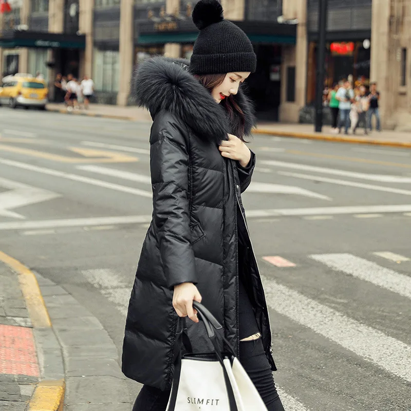 Women Hooded Down Jacket Medium Length Winter Thick Raccoon Fur Collar Black Red Coat