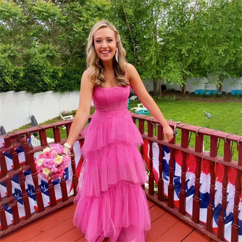 

Lily Pink Beach Special Occasion Dresses Spaghetti Strap Formal Gown Layer Tiered Long Evening Dresses Custom vestidos de fiesta