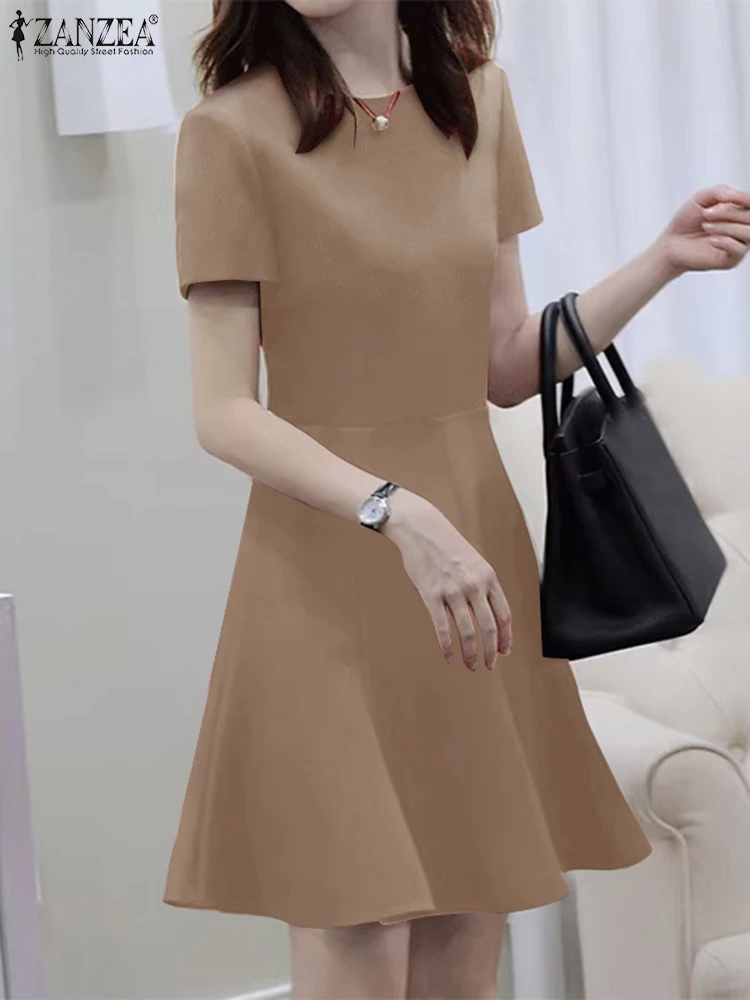 

Elegant Office Lady Sundress ZANZEA Women Summer Stylish A Line Party Dress Solid Mini Vestidos Short Sleeve Knee Length Robe