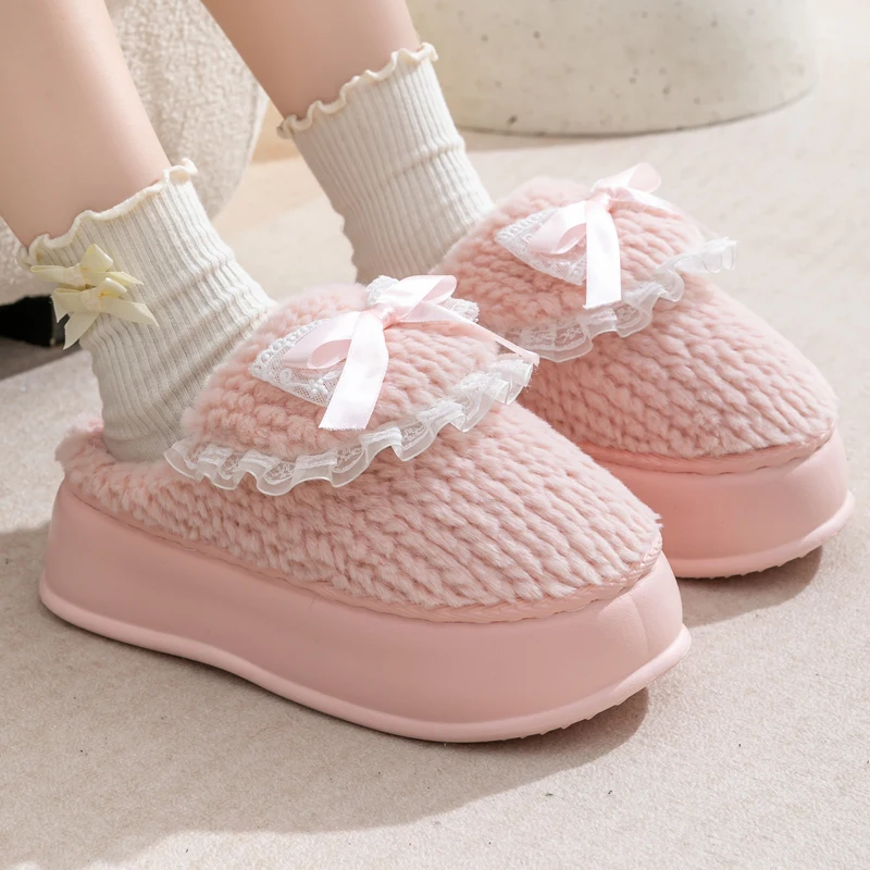 Sweet Bowknot Plush Slippers Women Winter Casual Soft Bottom Fluffy Slippers Woman High Quality Comfortable Warm Slides Female