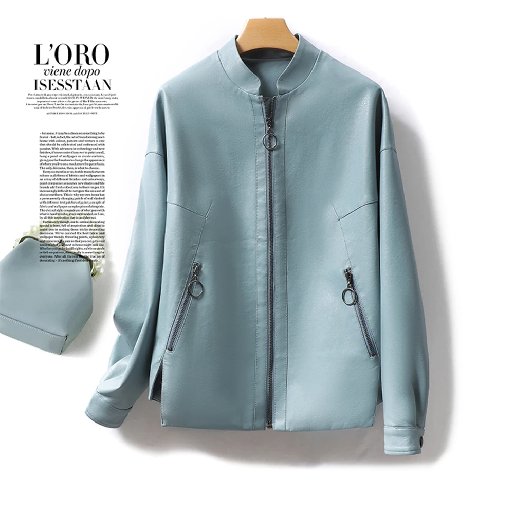 New Women Loose Leather Jacket Spring Autumn Fashion Stand Collar Bat Sleeve Casual Oversize Sheepskin Jacket Split Leather Coat