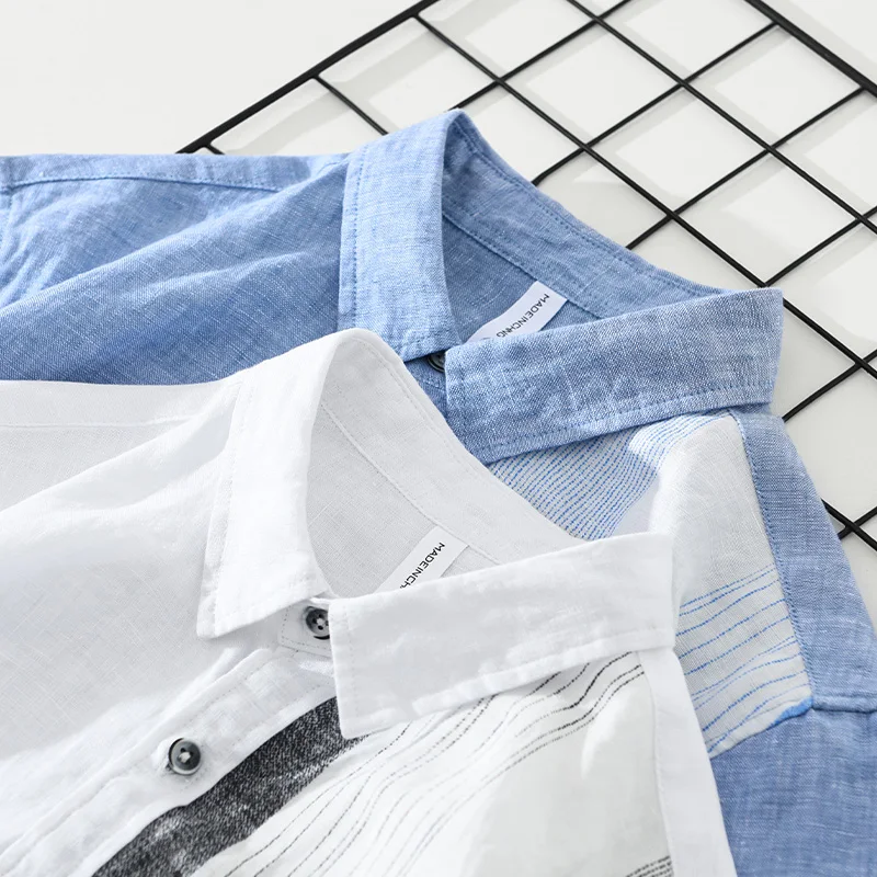 Linen Short Sleeve Shirts for Men Summer New Fashion Casual Loose Digital Printing Shirts