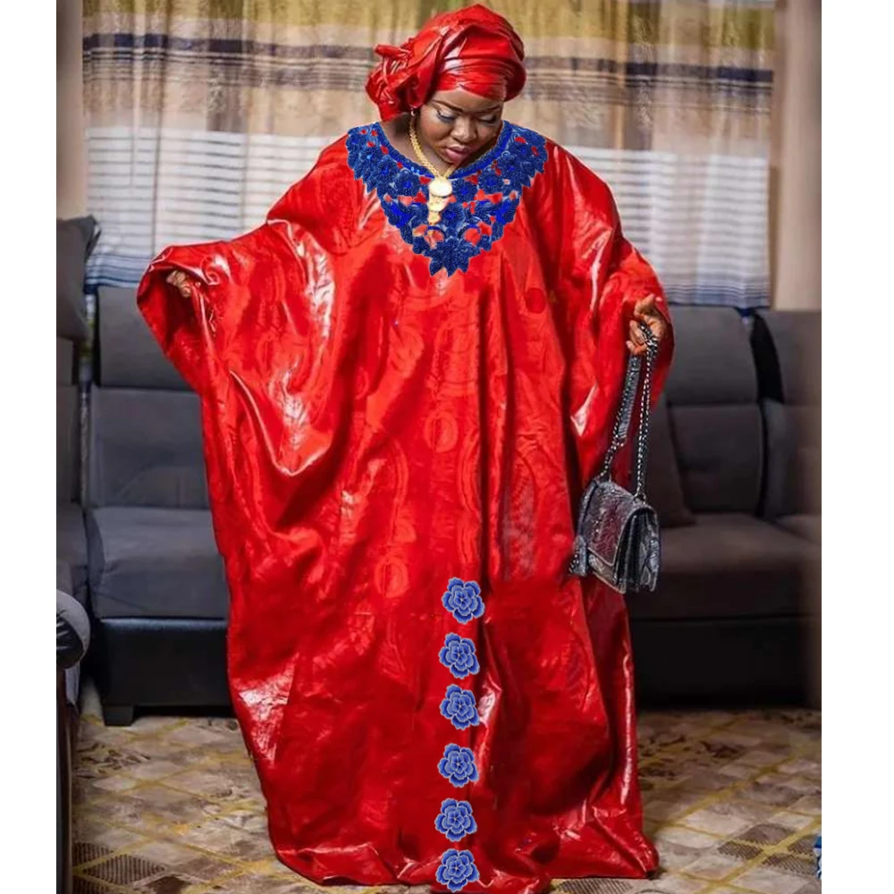 

2023 New African Women Bazin Riche Dresses With Headscarf Embroid Stone Nigerian Traditional Wedding Party Dashiki Basin Robe