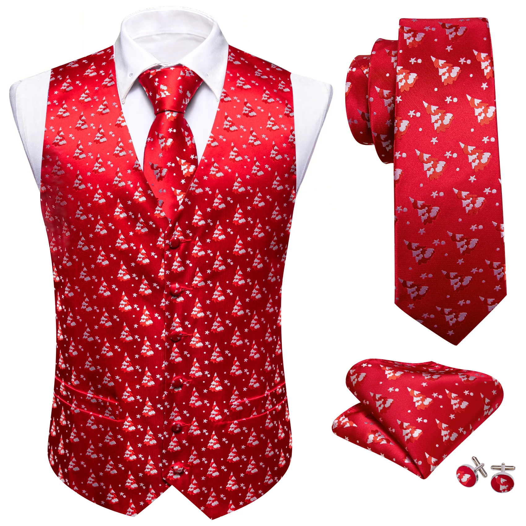 

Luxury Vest for Men Silk Festival Red White Xmas Christams Trees Grow Ornament Waistcoat Tie Bowtie Set Happy Party Barry Wang