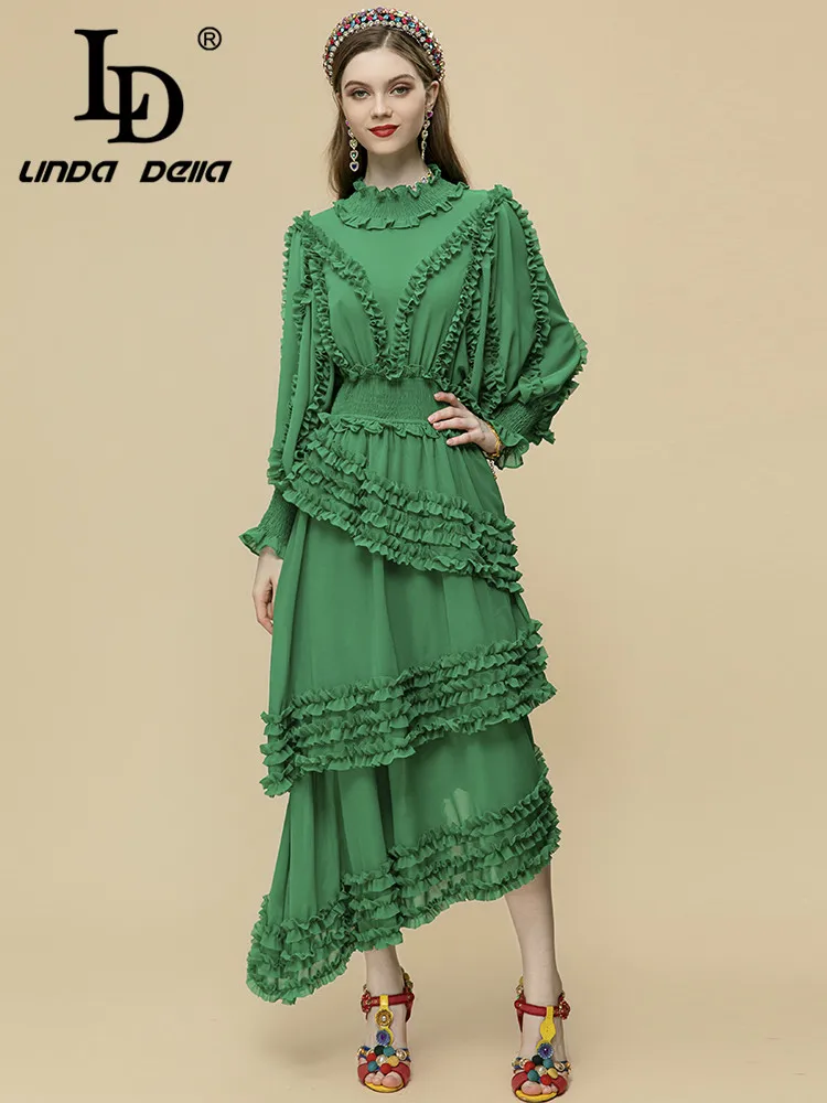 

LD LINDA DELLA 2023 New Fashion Runway Summer Dress Women Lantern sleeve elastic waist Cascading Ruffle green Asymmetrical Dress