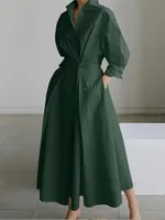 Spring Dress Long Sleeve Solid Color Elegant Maxi Dresses For Women 2024 Casual V Neck Shirt Party Long Dress Robe Femme 1