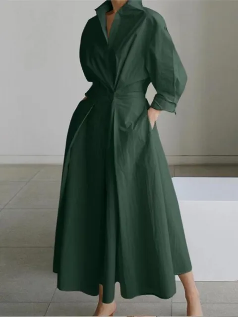 Spring Dress Long Sleeve Solid Color Elegant Maxi Dresses For Women 2024 Casual V Neck Shirt Party Long Dress Robe Femme 1