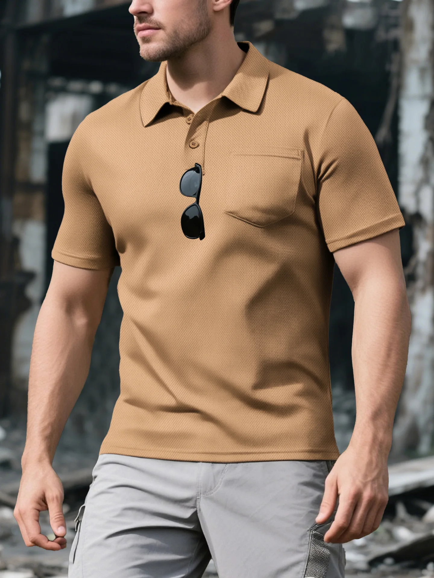 Polo da uomo con risvolto a maniche corte, moda allentata, polo sportiva, casual, tattica, manica corta, logo personalizzato gratuito, tasca POLO - immagine 5