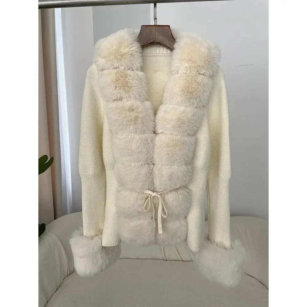 Autumn/Winter 2024 Women's Fur Coat Luxury Patchwork Knitted Sweater Bandage Fur Cardigan Detachable Collar Jacket Faux Fur Coat 3