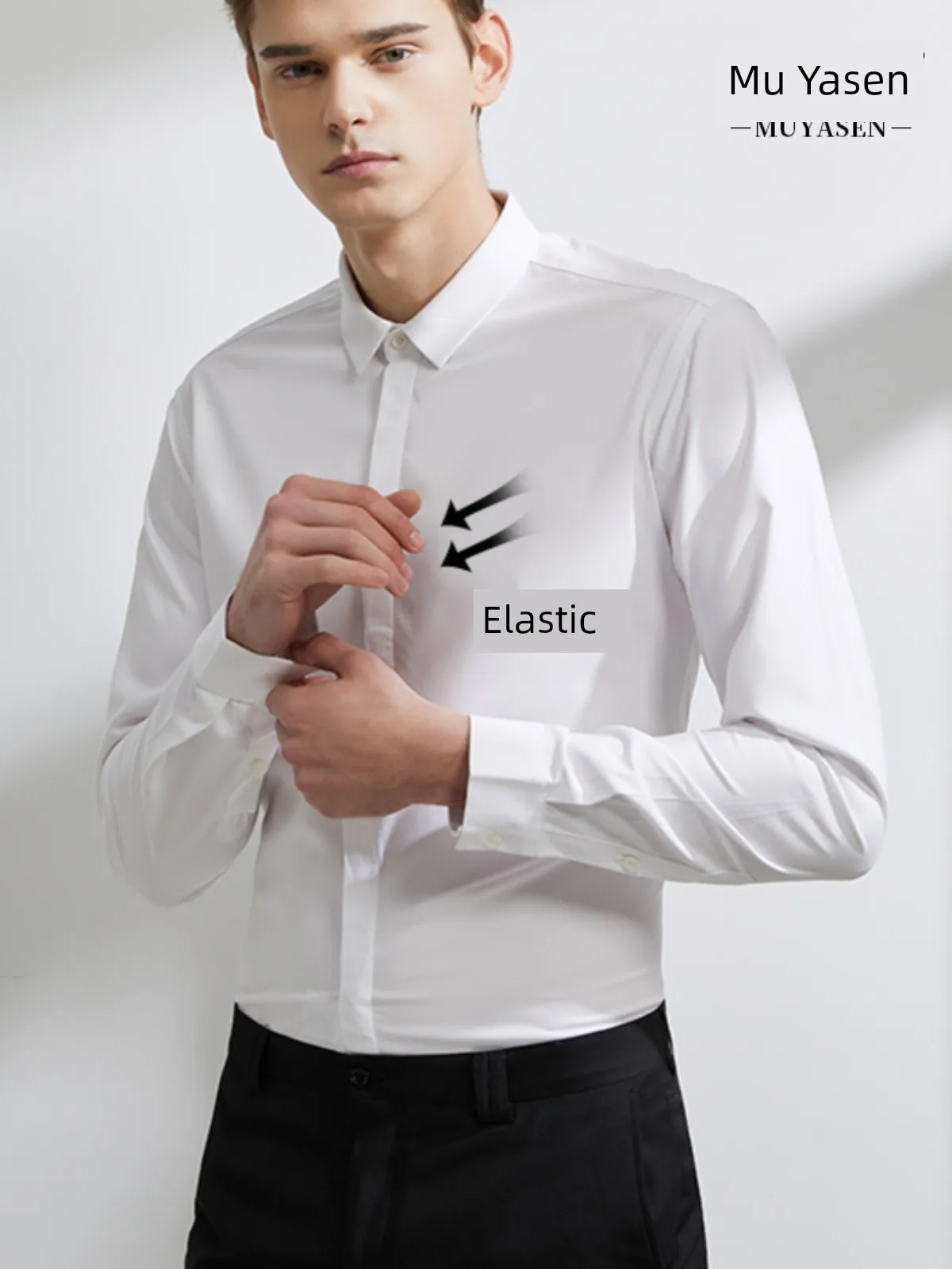 

Elastic Men's Long Sleeved Wrinkle Resistant Business Dress Spring And Autumn Slim Fit New Small Collar White Shirt Hidden