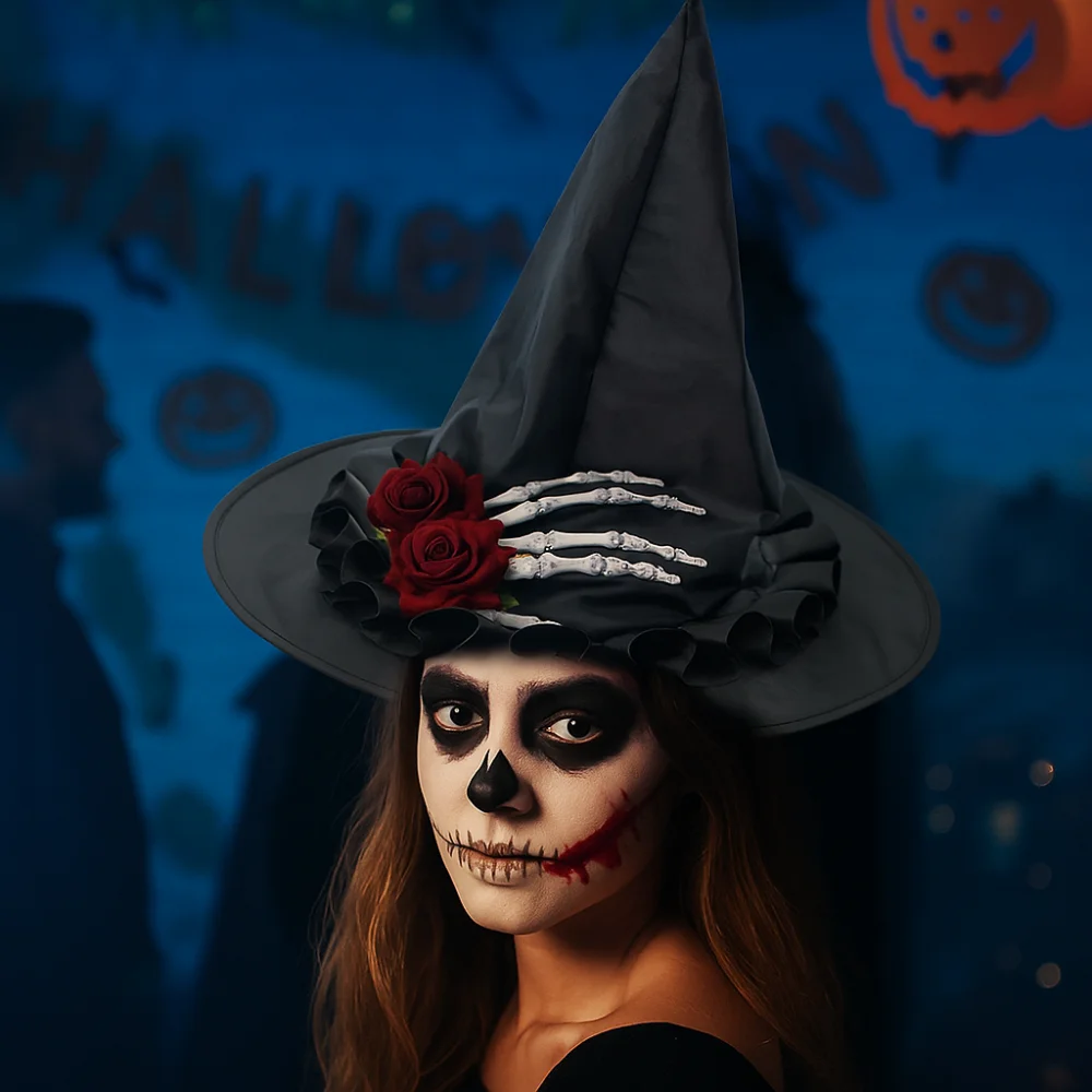 Punk Skeleton Hand Skull Wizard Cap Black Oxford Halloween Witch Hats Flower Decoration Witch Hat Night club
