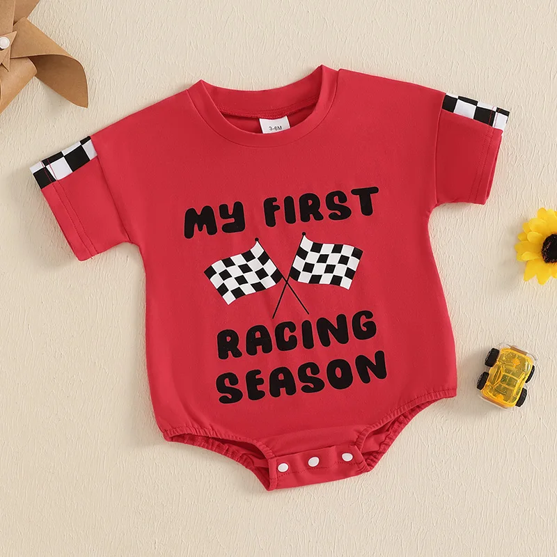 VISgogo Baby Boys Summer Jumpsuit Casual Racing Letter Print Short Sleeve Romper for Newborn Cute Clothes