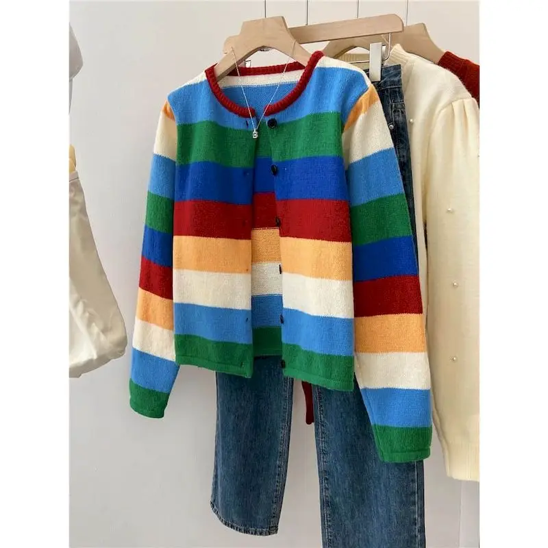 

Sweater Knitted Cardigans Women Loose Casual Vintage Rainbow Stripe Coats O-neck Korean Fashion Single Breasted Long Sleeve Tops