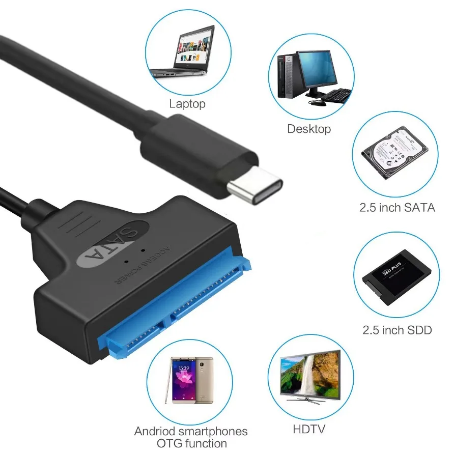 Type-C-Sata �ϵ� ��ũ ����� ���̺� 7+15 ��Ʈ�� �� USB C ���̺��� 22Pin SATA 2.5 ��ġ ������ HDD SSD �ϵ� ����̺� �����