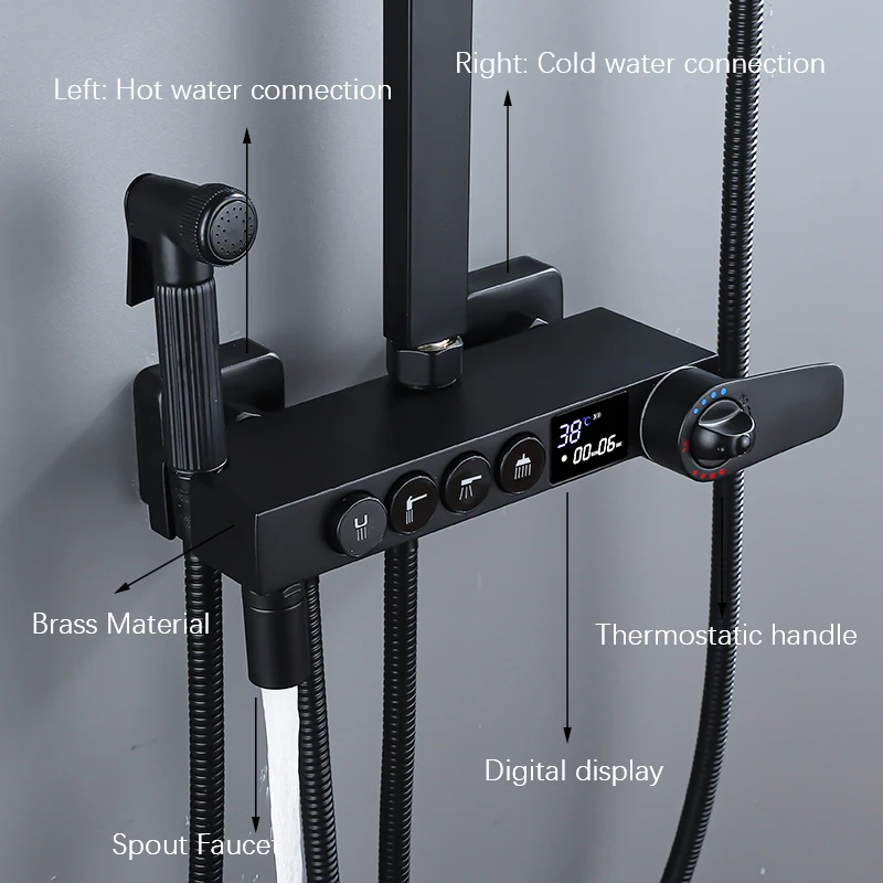 Description Picture 5 of itemOXG Brass Shower Faucet Thermostatic Bathroom Faucet Set Shower System Digital Display With Bidet Faucet Height Adjustable