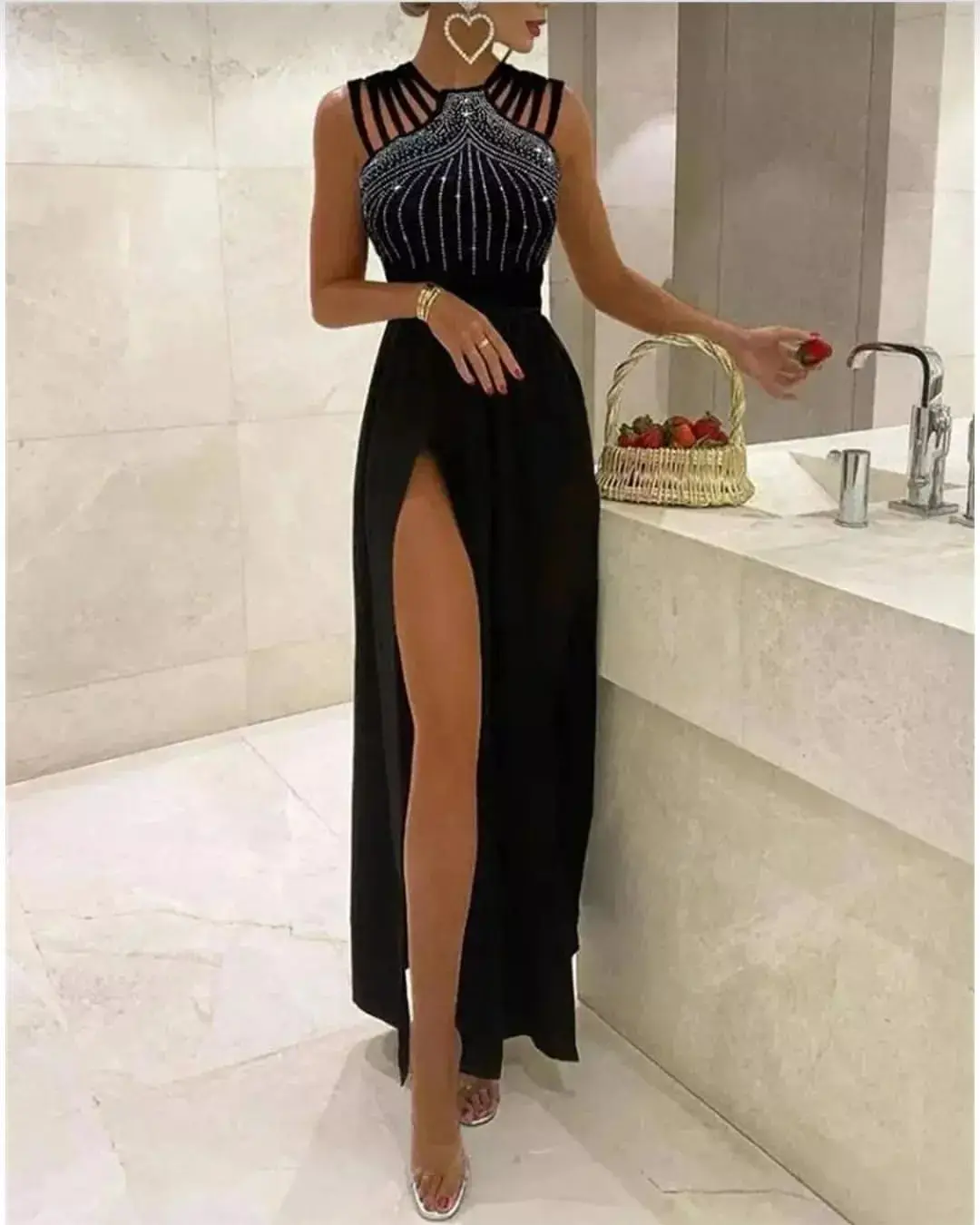 

Lovestory Sexy High Side Slit Black Prom Dresses Beading Neckline Sleeveless Robe Des Cocktail Party Women Wear Evening Gowns