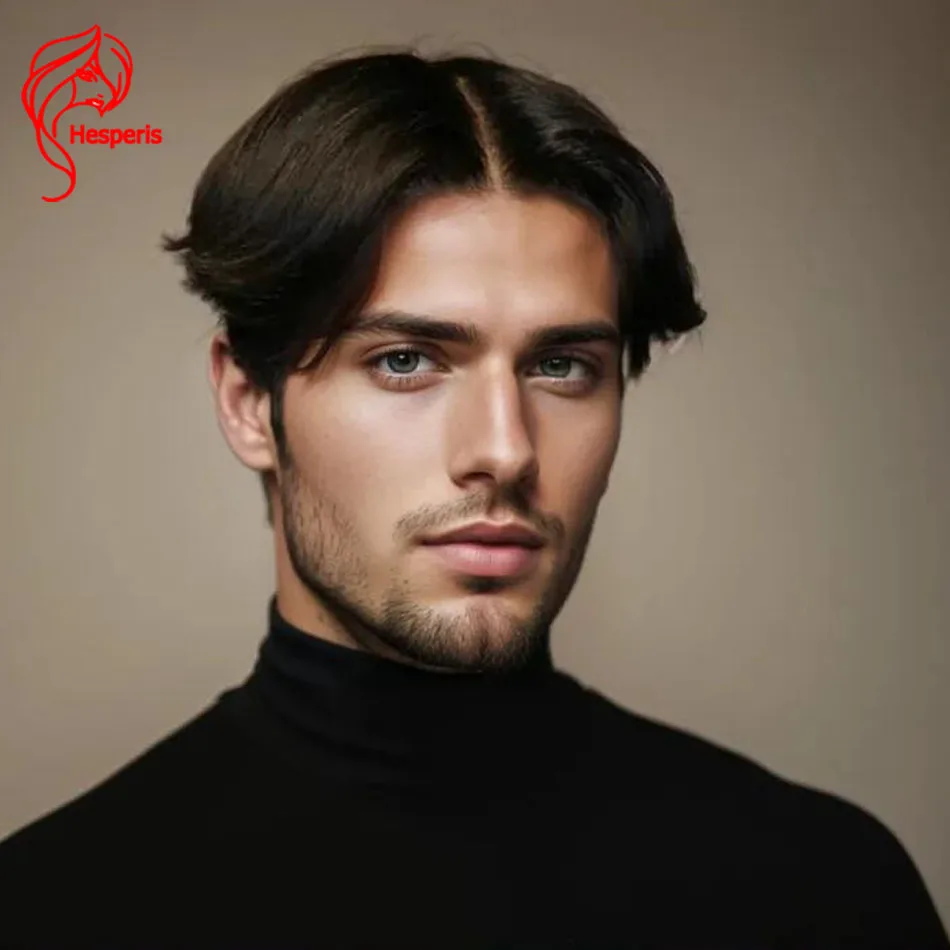 Hesperis Full Lace Human Hair Wig For Man Brazilian Remy Short Sideburns Cut Men Wigs Natural Color Middle Part Full Lace Wig