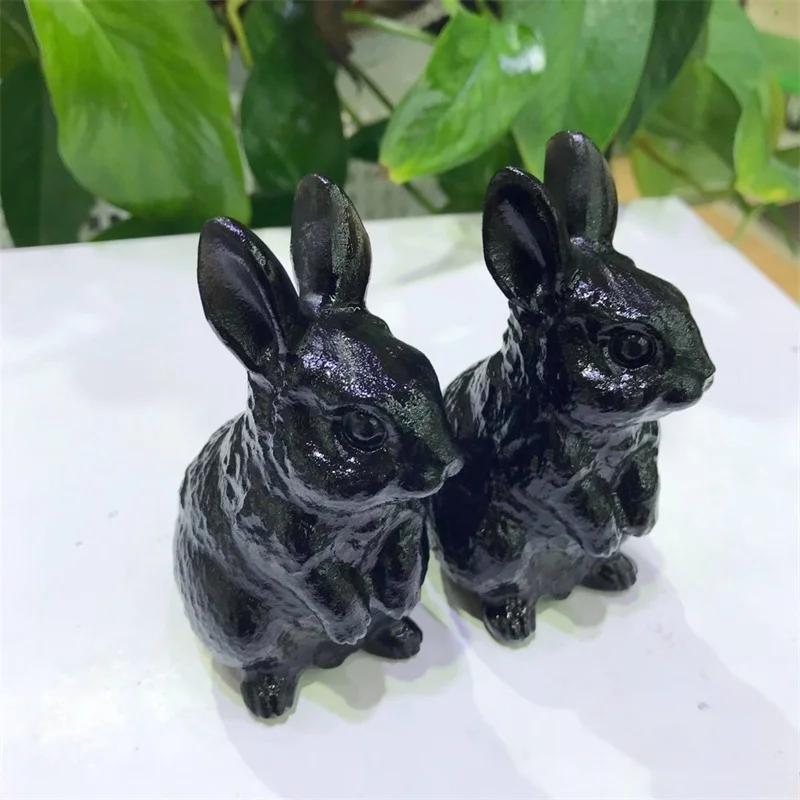 

3.9" Natural Black Obsidian Crystal Rabbit Hand Carved Animal Figurine Healing Energy Gem Crafts For Child Christmas Gift 1pcs