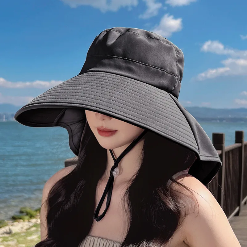 

2024 Korean Women Summer Sun Hat Large Brim Neck Protection Sunshade Hats Cotton Solid Color Fisherman Cap Ladies Visors 모자