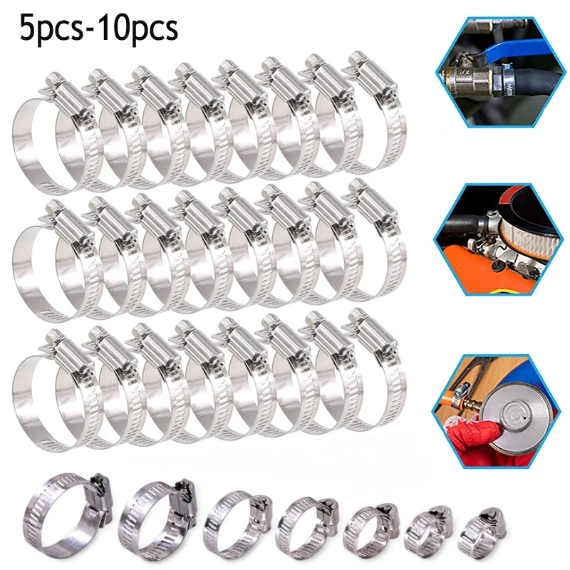 5/10PCS Stainless Steel Hose Clamp Adjustable 6 to 152mm Assortment Kit Worm Gear Metal Fuel Line Clamp for Plumbing Automotive