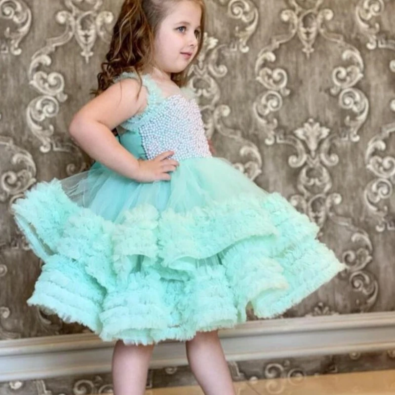 Green Flower Girl Dresses Tulle Puffy Tiered Pearl Top With Bow Sleeveless For Wedding Birthday Party Banquet Princess Gowns
