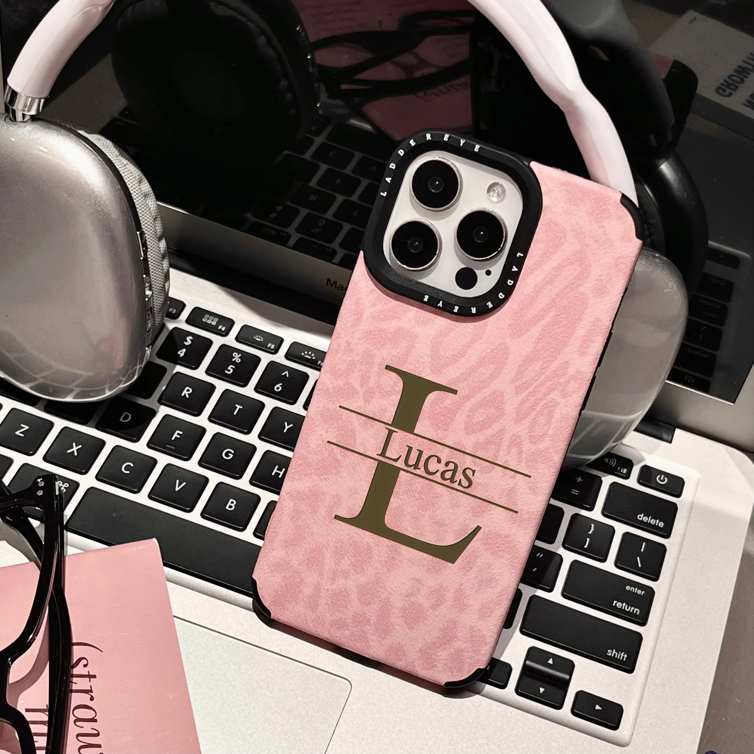 Customized Pink Leopard Synthetic Leather Phone Case with Personalized Name Cover