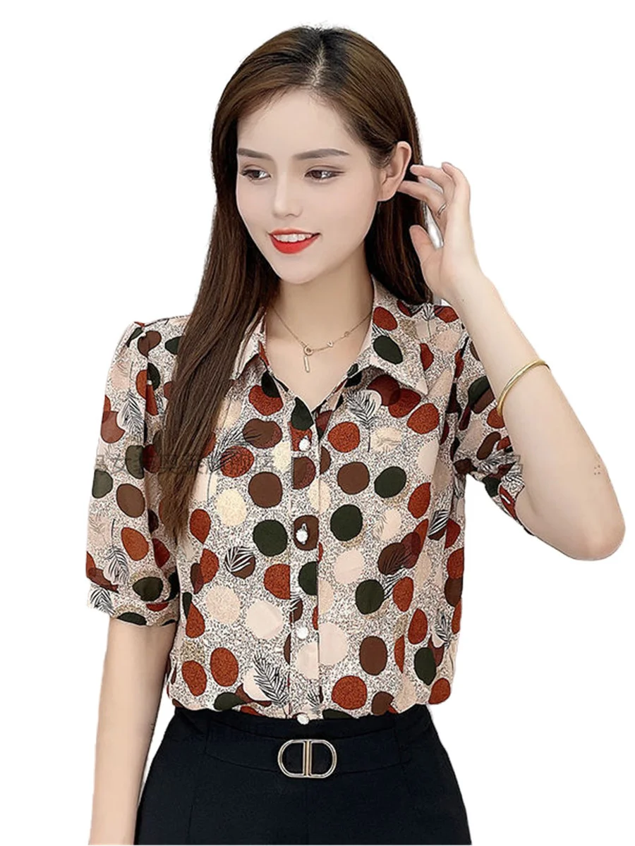 

Women Summer Spring Blouses Shirts Lady Fashion Casual Short Sleeve Turn-down Collar Polka Dots Printing Blusas Tops TT2571