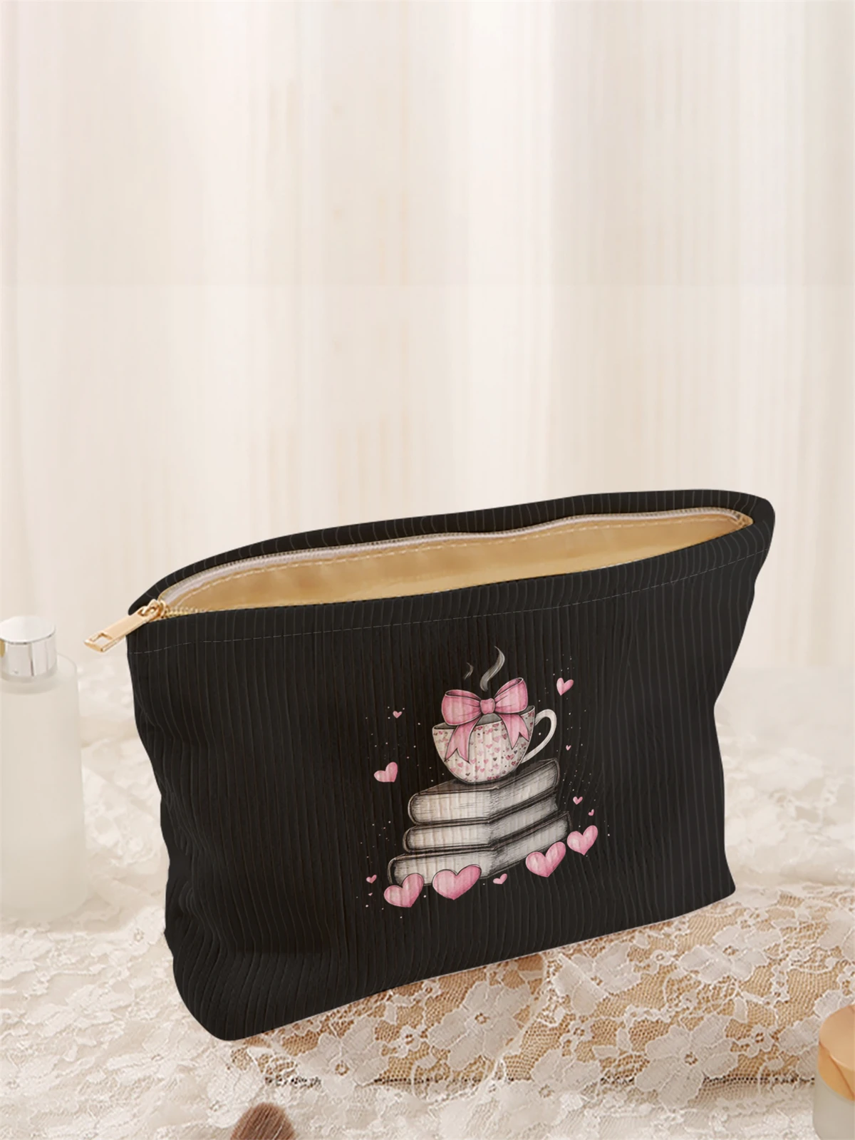 1pc book pattern printed corduroy makeup bag, lightweight zipper makeup storage box, multifunctional bag with lining