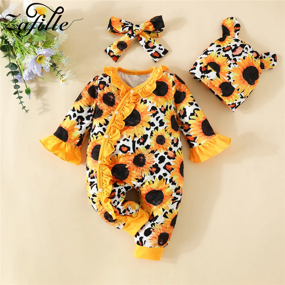 

ZAFILLE Flare Long Sleeve Baby's Rompers Flowers Print Jumpsuit For Newborns Clothing Girls Sleepwear Ruffle Kids Infant Outfits