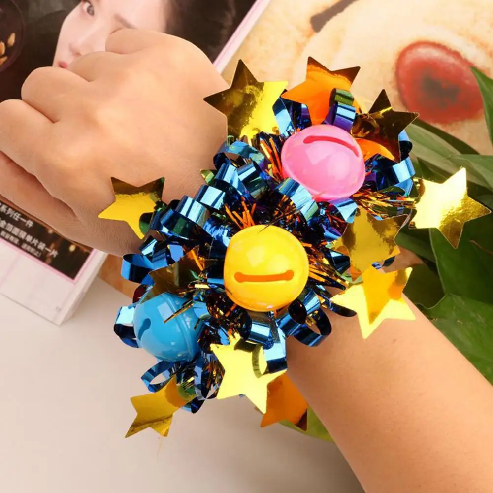 2Pcs Wrist Flower with Star Bell Decor Cheerleading Cheer Elastic Band Bracelet Holiday Celebration Metallic Sparkling Wrist Acc