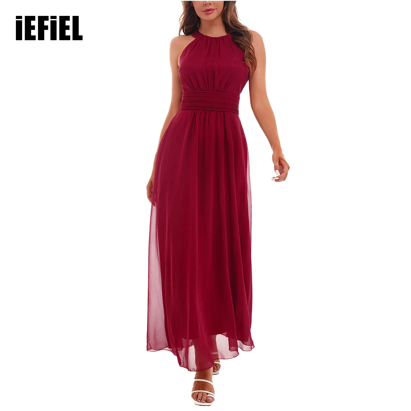 Women Elegant Chiffon Maxi Dress Summer New Sleeveless Halter High Waist Long Pleated Dress for Bridesmaid Wedding Evening Party