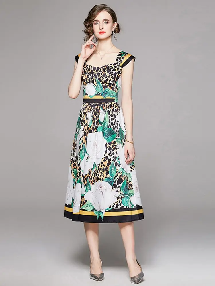 

Women's Sleeveless Square Collar Backless Flower Print Party Midi Vestidos Runway Designer 2023 Summer Holiday Leopard Dress