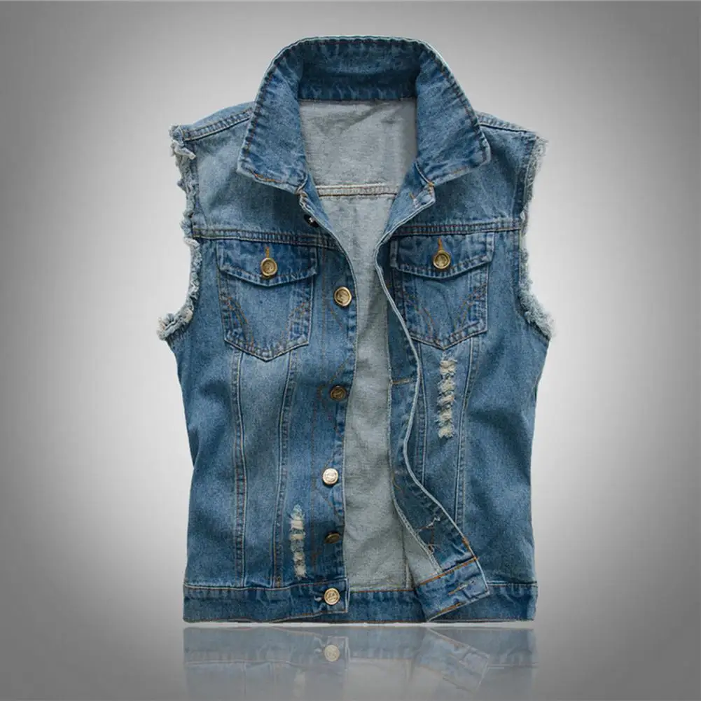 

Men Vest Jacket Ripped Denim Waistcoat for Men Hop Streetwear Jacket with Single-breasted Pockets Solid Color Soft Cardigan Plus