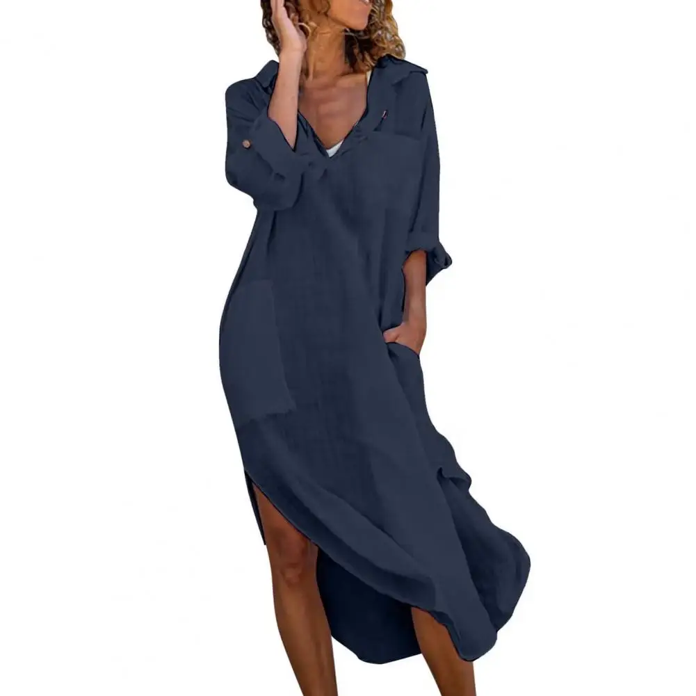 

Solid Color Women Dress V-neck Long Sleeve Dress Chic Comfy Women's V-neck Shirt Dresses with Pockets Side Split for Summer