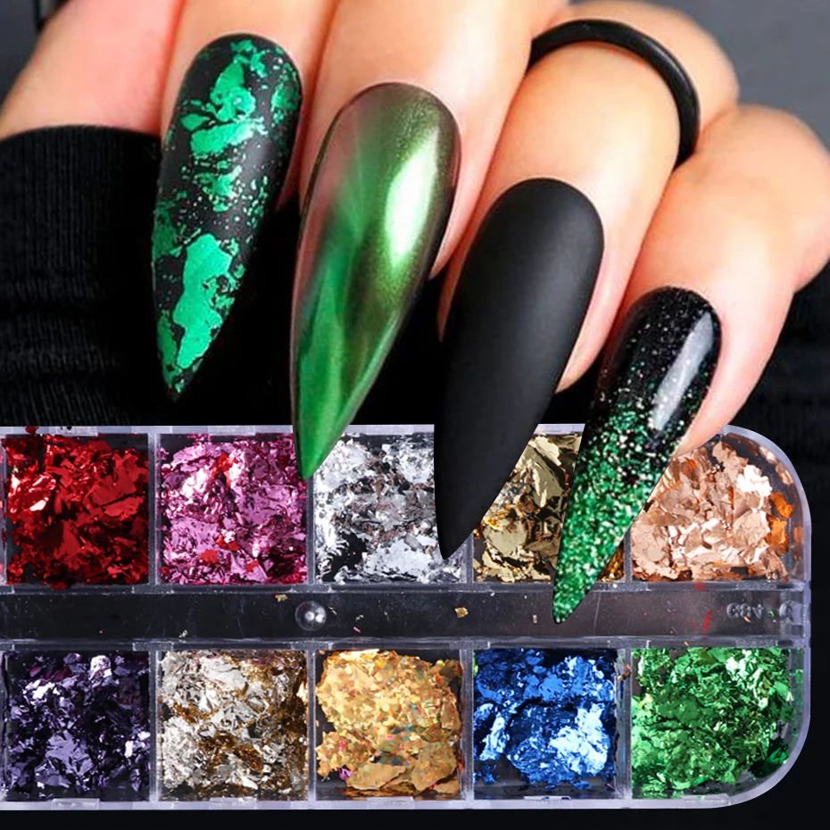 Nail Powder Nail Glitter Nail Decoration Nail Decorations Nail Flakes Nail Powder Set 1 Case Aluminum Flakes Nail Art Glitter Paillette Sequins Irregular Pigment Gold Foil Flake Chrome Nail Dust Decorations LY950-1